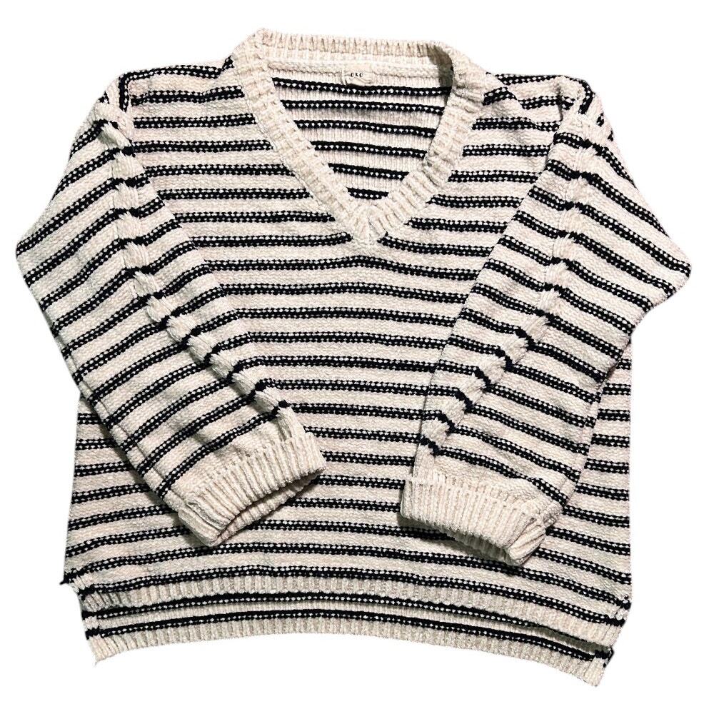 O & O Embellished Sleeve V-Neck Cream & Navy Striped Oversized Sweater Small